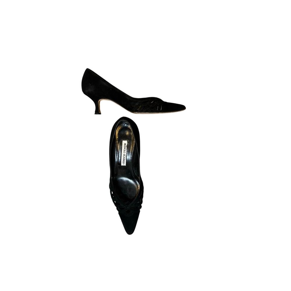 Manolo Blahnik Black Suede Kitten Heel Pumps Pointed Toe Lattice  36.5